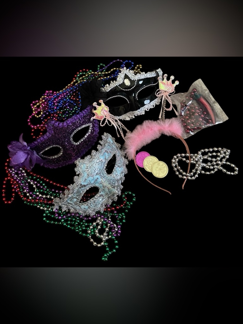 Mardi Gras Costume Mask Set with Beads and Headband - Multicolor